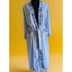 Vintage Appel Blue Cotton Blend Stripes Flowers Long Sleeve Wrap Robe Sz Med EUC